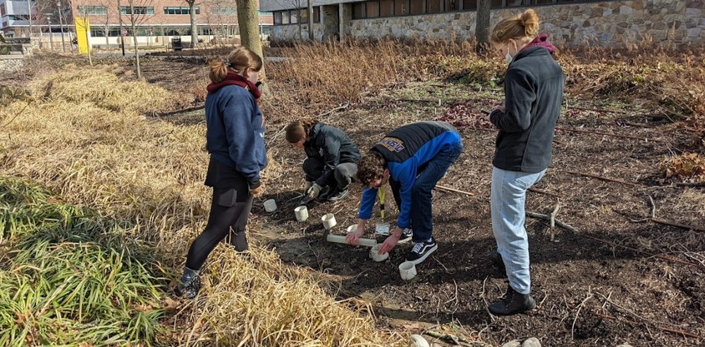Environmental science students hands on learning outdoors