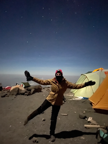 Ashley York getting ready to summit Kilimanjaro dressed for subzero temperatures.