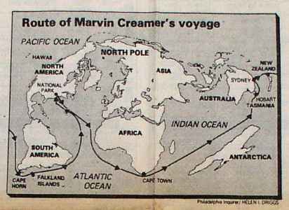A map outlining Marvin Creamer's route on his voyage