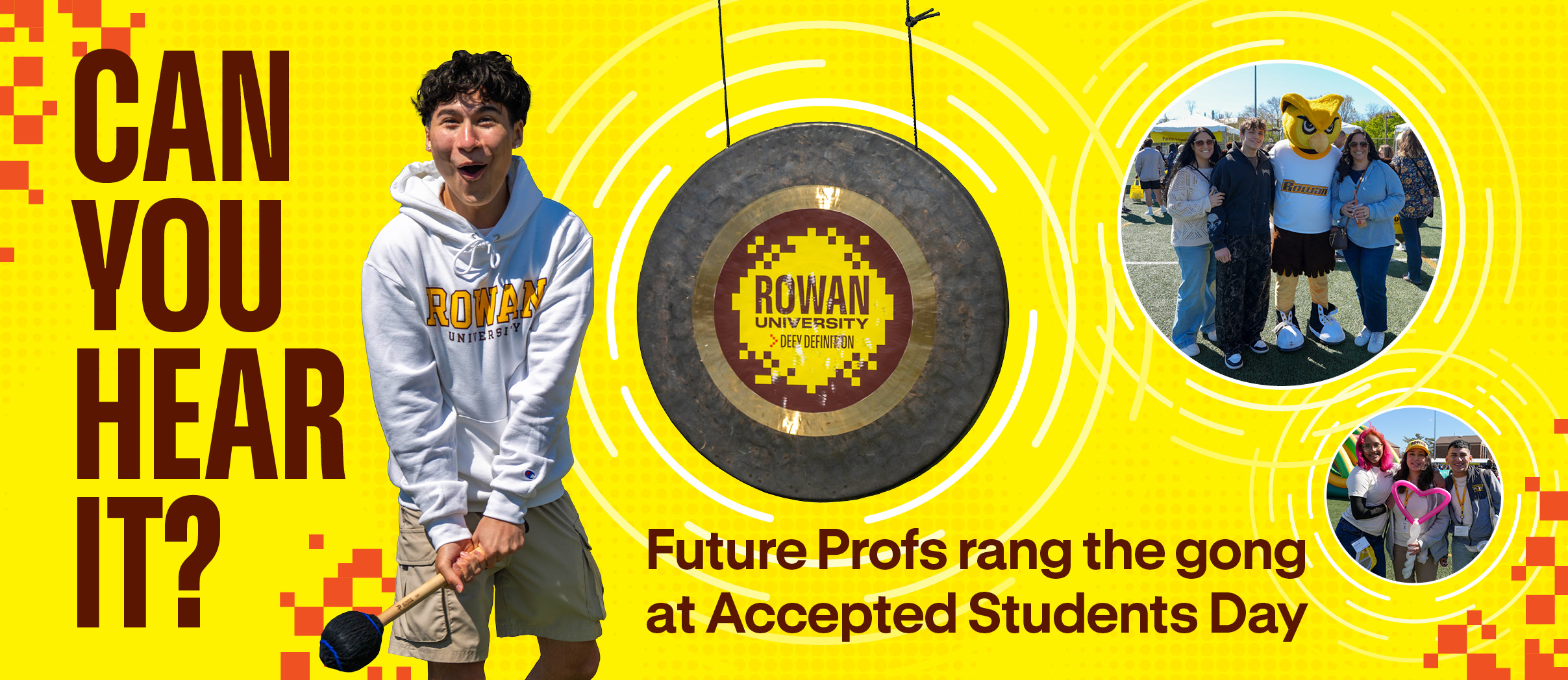 Can you hear it? Future Profs rang the gong at Accepted Students Day; Photos of prospective students and their families at Accepted Students Day 2026, photo of prospective student about to ring the Rowan gong indicating he will attend Rowan in the fall.